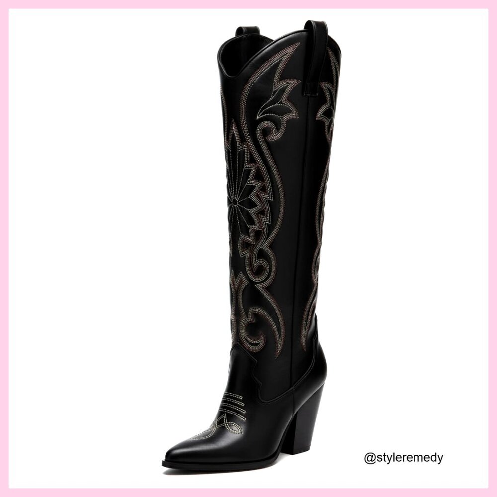 Knee High Cowgirl Boots with Embroidered Chunky Heel Western Tall Boots - Picture 1 of 7